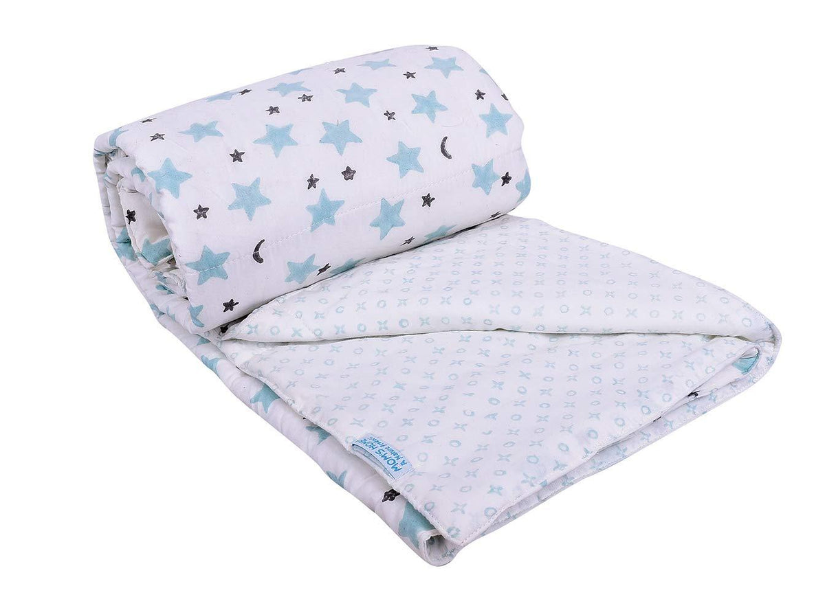Mom's Home Organic Cotton Super Soft Summer AC Baby Quilt Blanket Cum Bedspread - 0-3 Years - 110 * 120 Cms - Pack of 2 - Star Blue and Pink