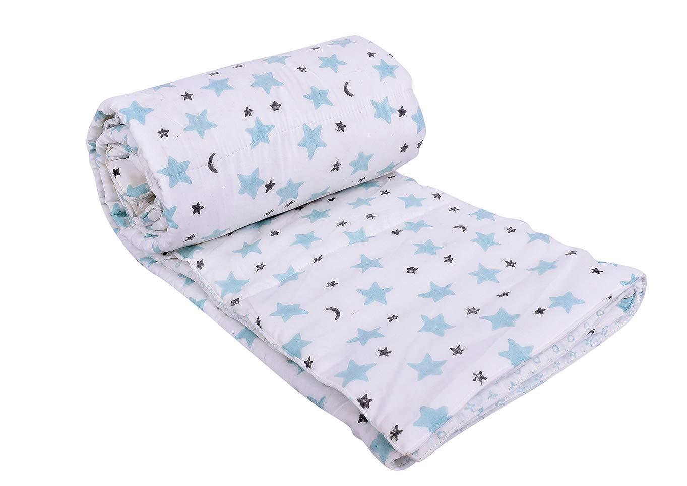 Mom's Home Organic Cotton Super Soft Summer AC Baby Quilt Blanket Cum Bedspread - 0-3 Years - 110 * 120 Cms - Pack of 2 - Star Blue and Pink