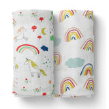 Baby Muslin Cloth Swaddle - 0-12 Months,  Pack of 2 (Unicorn & Rainbow)