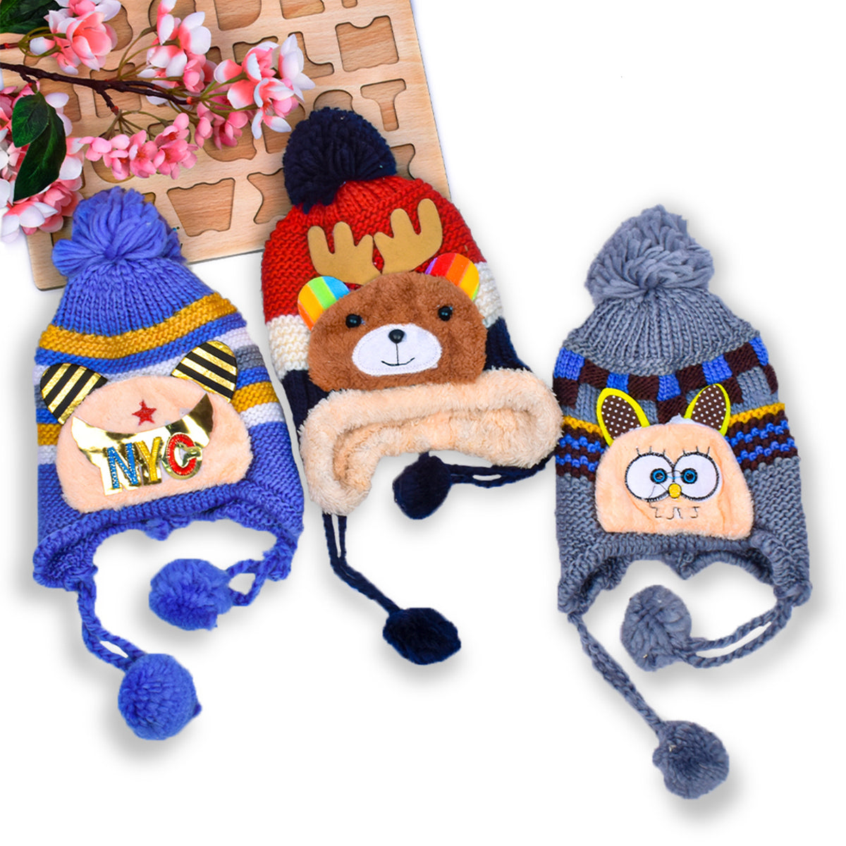 Baby Unisex Woolen Caps, Mix Design (Pack Of 3)