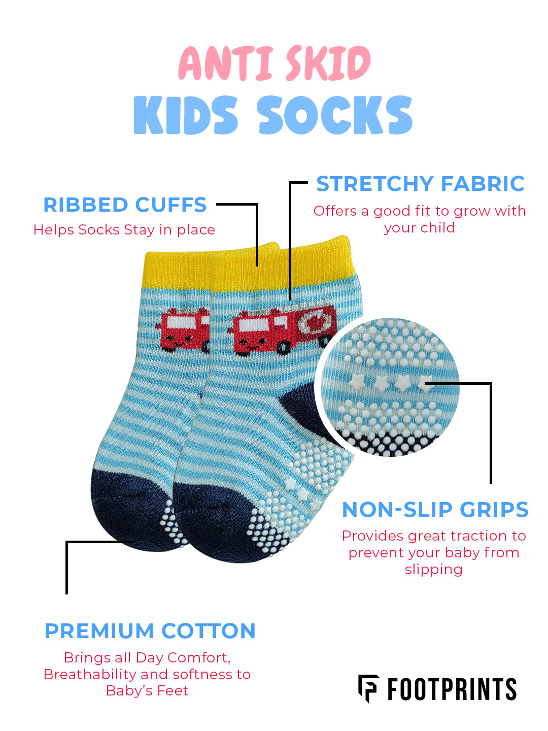 FOOTPRINTS Baby's Organic Cotton Anti-Skid Socks (Multicolour, Mix Designs) - Pack of Any 8 Pairs