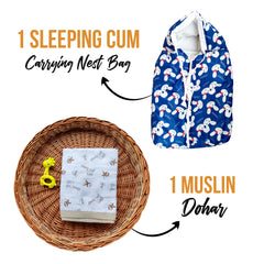 Moms Home Baby Unisex Organic Cotton 1 Front Open Sleeping Bed, 1 Muslin Dohar, 0-12M- Blue