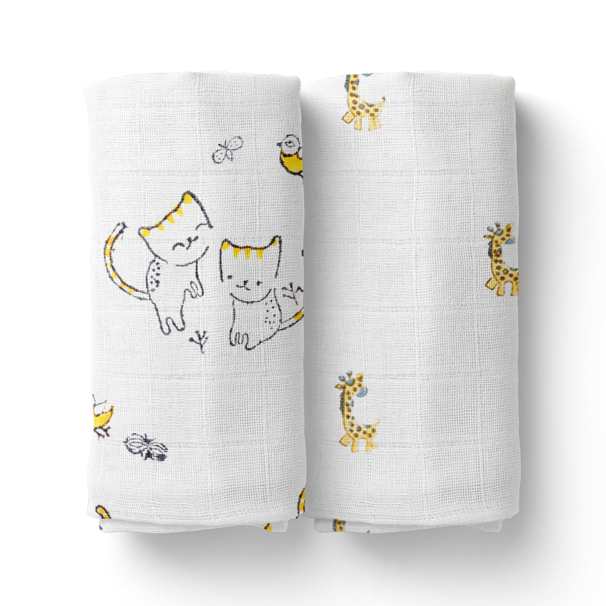 Baby Muslin Swaddle - 100x100 cm  - Pack of 2 - Cat & Giraffe