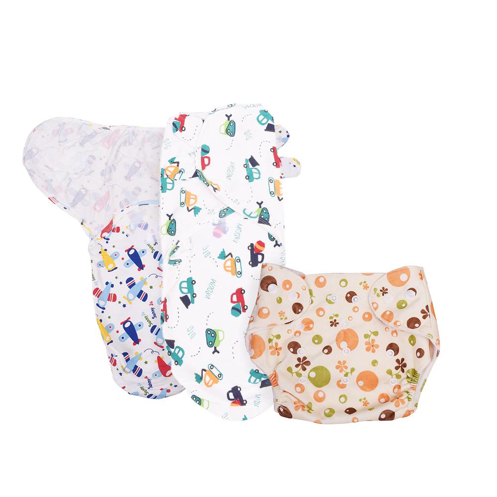Baby Reusable Cotton Pocket Diaper and Pack of 2 Adjustable Swaddle Wraps Combo