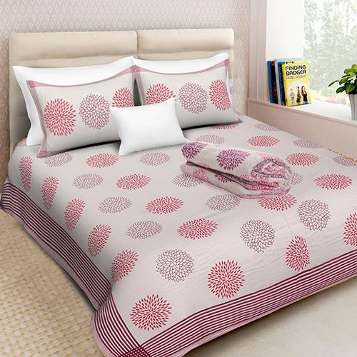 Combo Set -  1 Double Bed Comforter/Quilt and 1 Double Bedsheet with Pillow covers -Sunflower - 90"*108'' - Pink