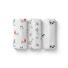 Baby Gift Pack - Pack of 3 Muslin Swaddles ( Mix designs) and 1 Muslin 6 Layer Blanket