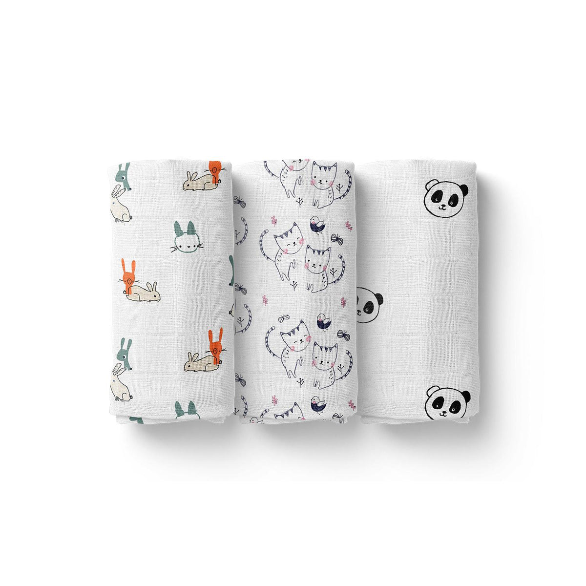Baby Muslin Swaddle - 100x100 cm- Pack of 3- Rabbit, Cat and Panda