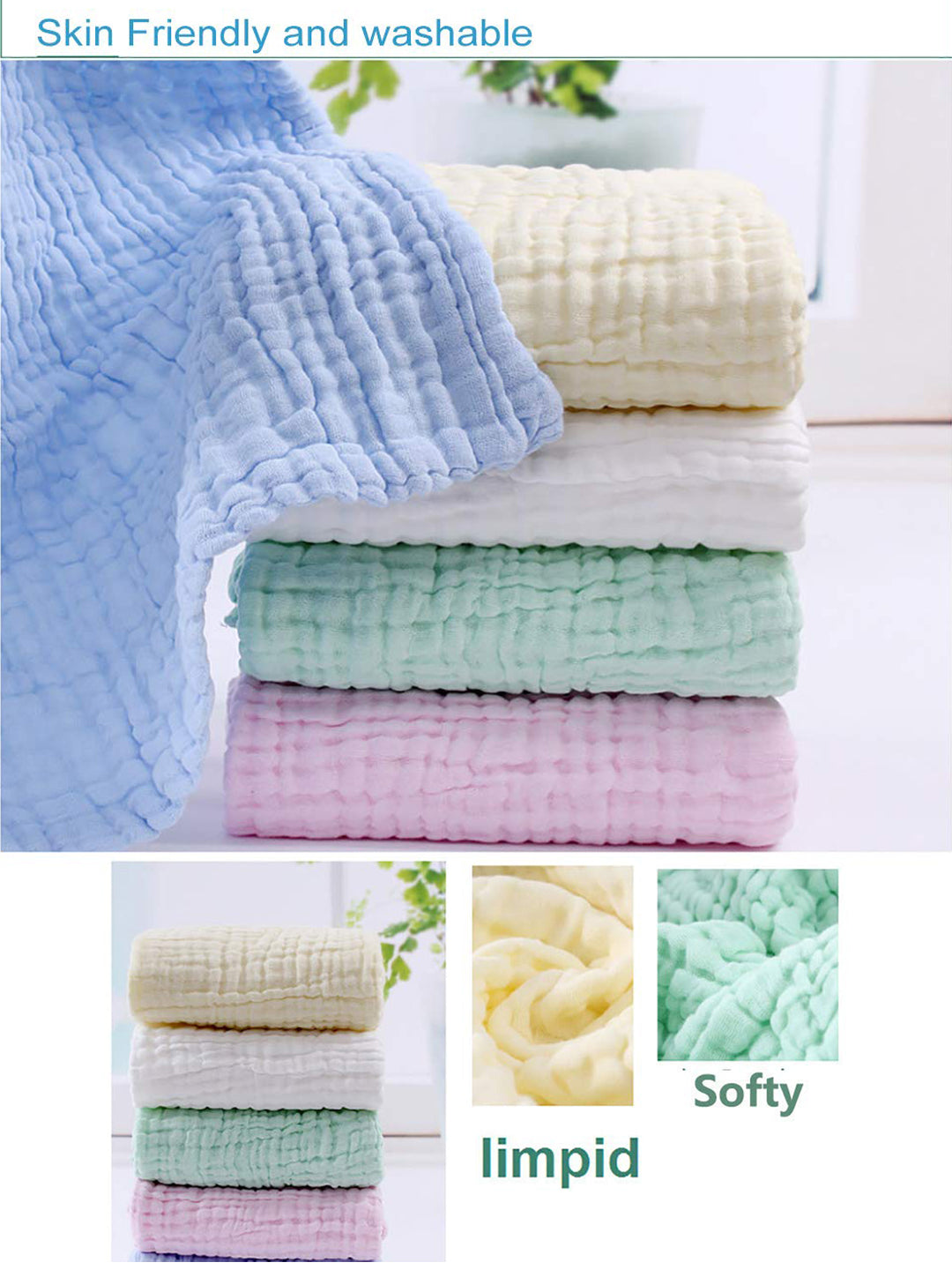Baby Muslin 6 Layer Wash Towel- 100X100 CM - (0-3 Years)- White and Pack of 5 Napkins