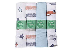 Baby Organic Cotton Muslin Quilt and Pack of 4 Muslin Swaddles Combo- 0-2 Years- 112*112 cms-Car Print