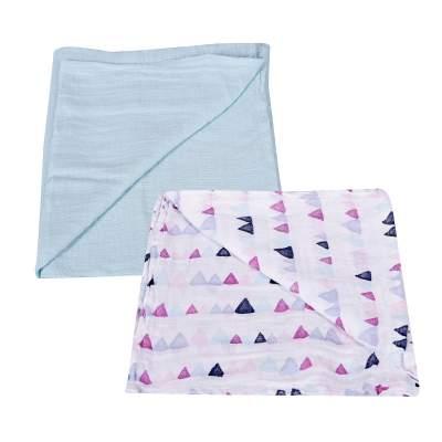 Baby Organic cotton Muslin Swaddle -0-18 Months - 112X112 cm- Pack of 2-  Light Blue &amp; Triangle Print