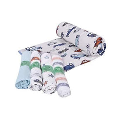 Baby Organic Cotton Muslin Quilt and Pack of 4 Muslin Swaddles Combo- 0-2 Years- 112*112 cms-Car Print