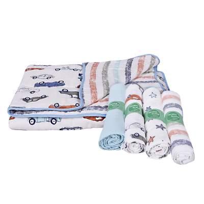 Baby Organic Cotton Muslin Quilt and Pack of 4 Muslin Swaddles Combo- 0-2 Years- 112*112 cms-Car Print