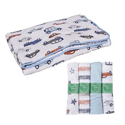 Baby Organic Cotton Muslin Quilt and Pack of 4 Muslin Swaddles Combo- 0-2 Years- 112*112 cms-Car Print