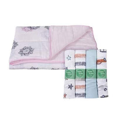 Baby Organic Cotton Muslin Quilt and Pack of 4 Muslin Swaddles Combo- 0-2 Years- 112*112 cms-Flower Print
