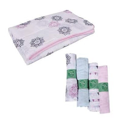 Baby Organic Cotton Muslin Quilt and Pack of 4 Muslin Swaddles Combo- 0-2 Years- 112*112 cms- Pink Flower Print