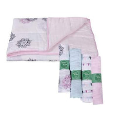 Baby Organic Cotton Muslin Quilt and Pack of 4 Muslin Swaddles Combo- 0-2 Years- 112*112 cms- Pink Flower Print