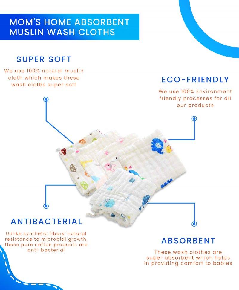 Baby Muslin Wash Cloths Towels cum Square Wipes- Pack of 5 (0-18 Months)