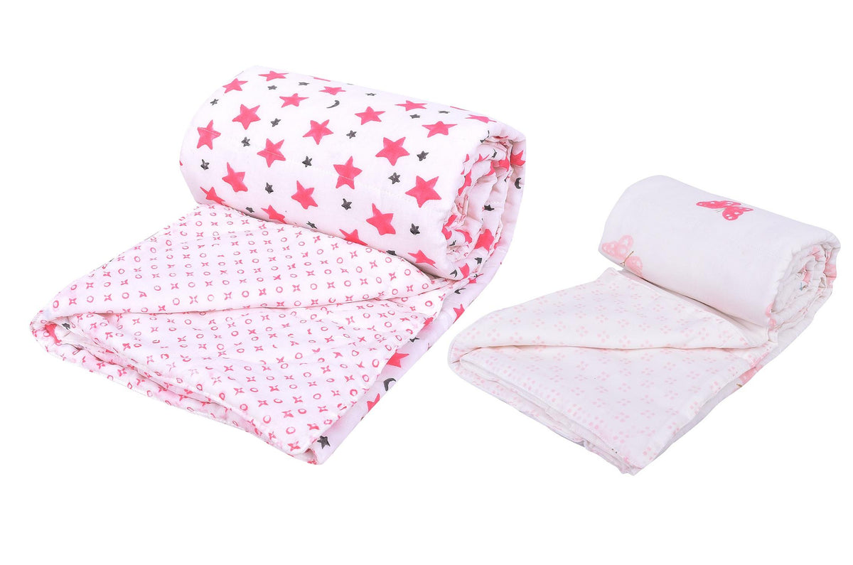 Mom's Home Organic Cotton Super Soft Summer AC Baby Quilt Blanket Cum Bedspread - 0-3 Years - 110 * 120 Cms - Pack of 2 Pink (Butterfly and Star)