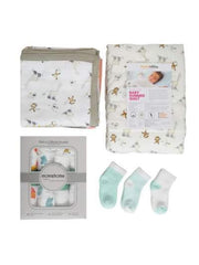 New Born Baby Organic Cotton Gift Set - 0-1 Year-1 Quilted Quilt &amp; Pack of 4 - Muslin , 1 Muslin Blanket, P3 Socks