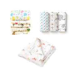Baby Gift Pack - Pack of 3 Muslin Swaddle ,1 Muslin 6 Layer Blanket and Pack of 5 Muslin Square napkins (All Mix designs)