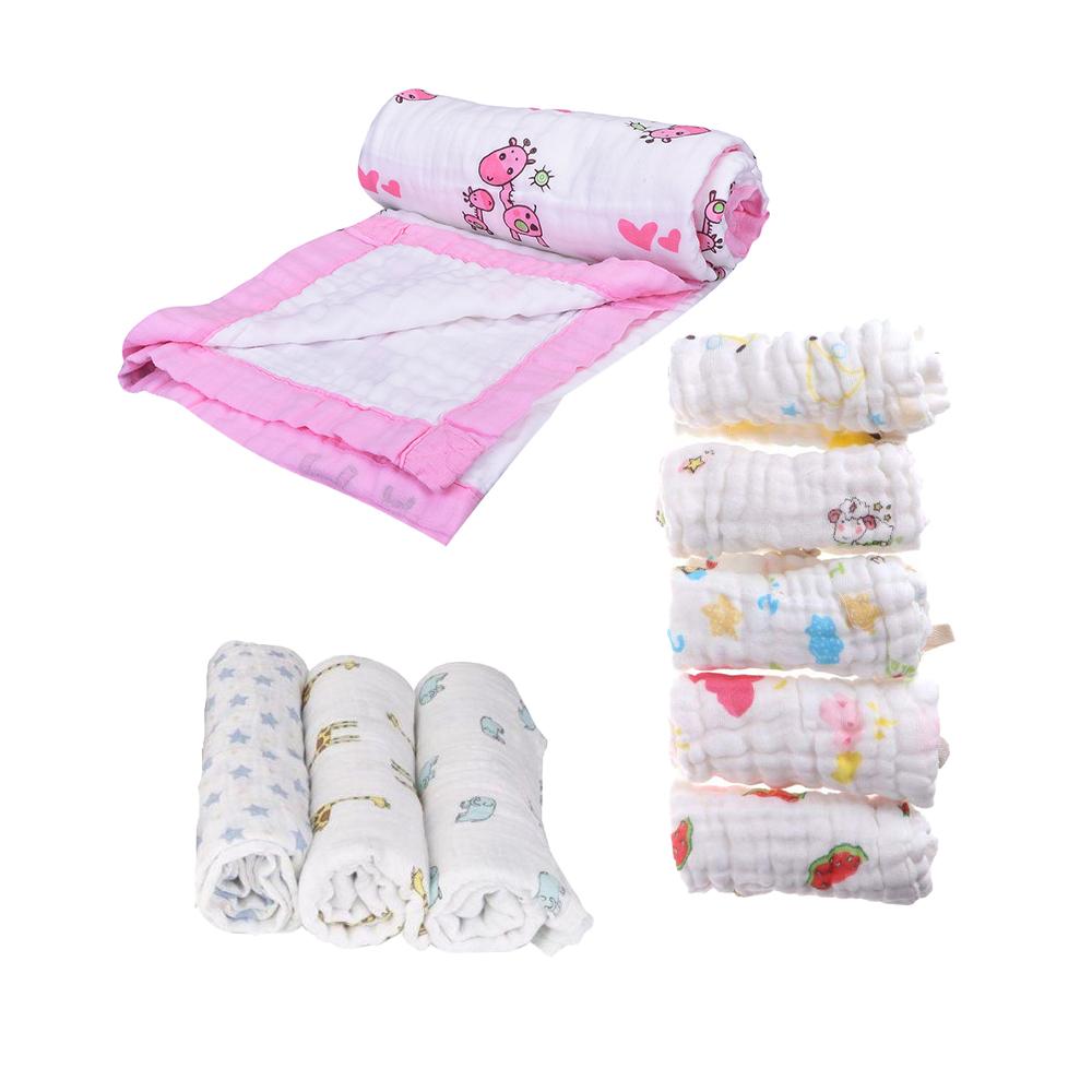 Baby Gift Pack - Pack of 3 Muslin Swaddle,1 Muslin 6 Layer Blanket and Pack of 5 Muslin Square napkins (All Mix designs)