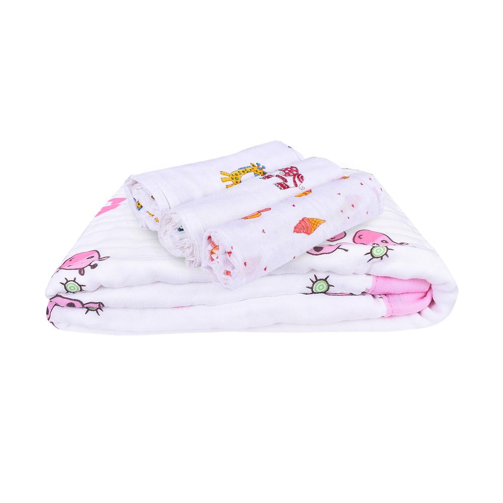 Baby Gift Pack - Pack of 3 Muslin Swaddles ( Mix designs) and 1 Muslin 6 Layer Blanket