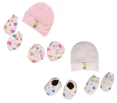 New Born Baby Cap Mitten Booties Set- Pack of 2 Mix Design