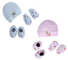 New Born Baby Cap Mitten Booties Set- Pack of 2 Mix Design