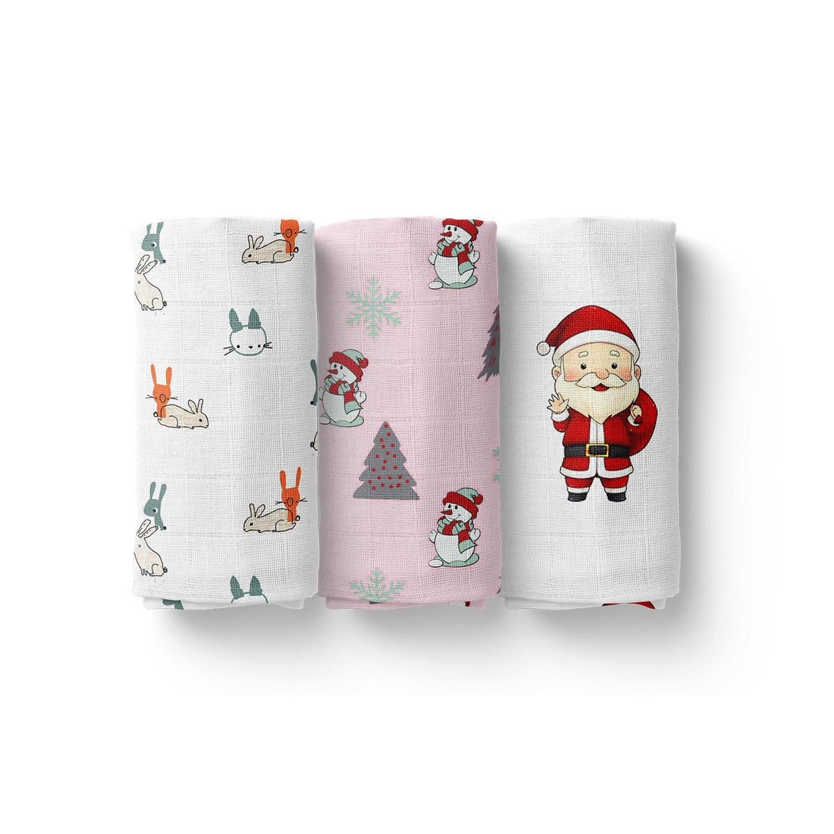 Baby Muslin Swaddle - 100x100 cm- Pack of 3- Santa, Snowman and Rabbit