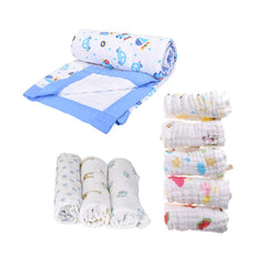 Baby Gift Pack - Pack of 3 Muslin Swaddle ,1 Muslin 6 Layer Blanket and Pack of 5 Muslin Square napkins (All Mix designs)