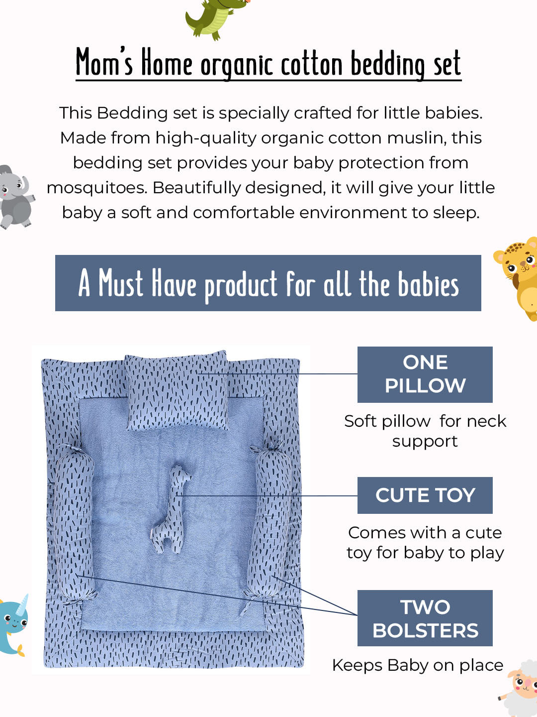 Baby Bedding Gift Set -(0-12 Months ) - 1 Mattress, 2 Bolster, 1 Pillow,  1 Soft Toy