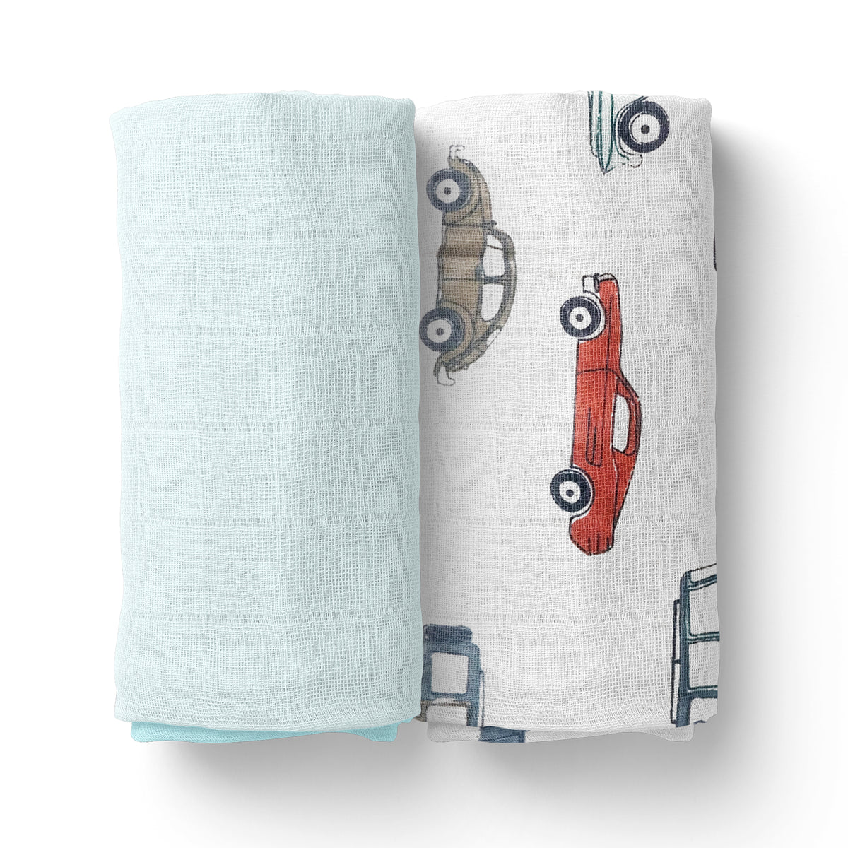 Baby Organic cotton Muslin Swaddle -0-18 Months - 112X112 cm- Pack of 2-  Light Blue & Car Print