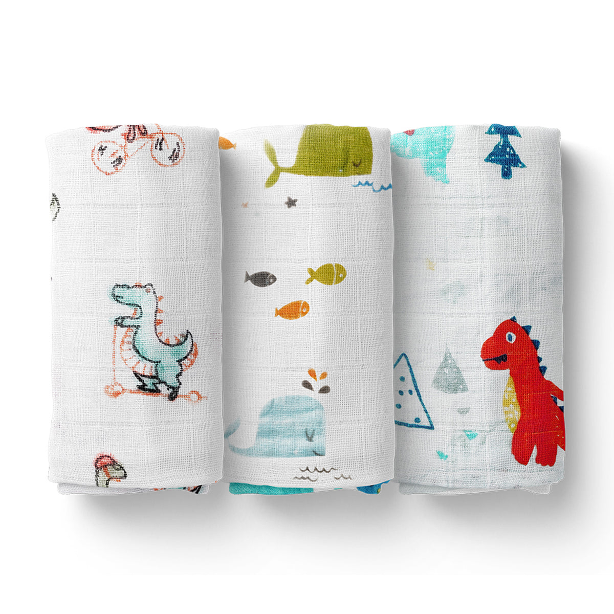 Baby Muslin Cloth Swaddle - 0-12 Months,  Pack of 3 (Blue Whale, Dinopark & Dinosaur)